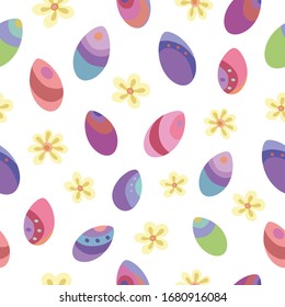 Seamless vector pattern of Easter eggs and flowers. Suitable for packaging, fabrics, wallpapers and simple colorings. Easter background. 