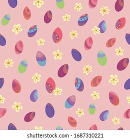 Seamless vector pattern of Easter eggs and flowers. Suitable for packaging, fabrics, wallpapers and simple colorings. Easter background. 
