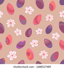 Seamless vector pattern of Easter eggs and flowers. Suitable for packaging, fabrics, wallpapers and simple colorings. Easter background. 