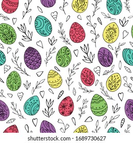 Seamless vector pattern of Easter eggs and abstract floral elements. Holiday background for greeting card, website, printing on fabric, gift wrap, postcard and wallpapers. Easter background. 