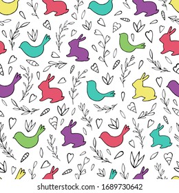 Seamless vector pattern of Easter eggs, rabbits, birds and abstract floral elements. Holiday background for greeting card, website, printing on fabric, gift wrap, postcard and wallpapers.