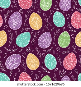 Seamless vector pattern of Easter eggs and abstract floral elements. Holiday background for greeting card, website, printing on fabric, gift wrap, postcard and wallpapers. Easter background. 