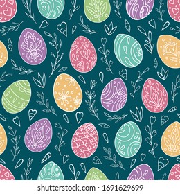 Seamless vector pattern of Easter eggs and abstract floral elements. Holiday background for greeting card, website, printing on fabric, gift wrap, postcard and wallpapers. Easter background. 