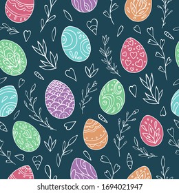 Seamless vector pattern of Easter eggs and abstract floral elements. Holiday background for greeting card, website, printing on fabric, gift wrap, postcard and wallpapers. Easter background. 