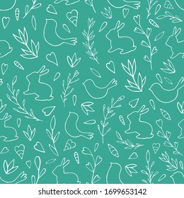 Seamless vector pattern of Easter eggs, rabbits, birds and abstract floral elements. Holiday background for greeting card, website, printing on fabric, gift wrap, postcard and wallpapers.