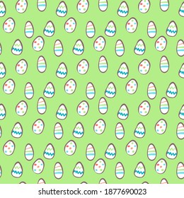 Seamless vector pattern of Easter eggs on a green background.