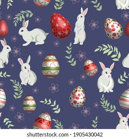 Seamless vector pattern with easter eggs, bunnies, flowers, and leaves. Print design for wrapping gifts and packaging design 