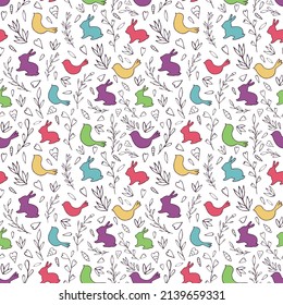 Seamless vector pattern of Easter eggs, rabbits, birds and abstract floral elements. Holiday background for greeting card, website, printing on fabric, gift wrap, postcard and wallpapers.