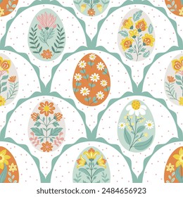 Seamless vector pattern with Easter eggs in folk style. Ideal for printing on fabric, wrapping paper, greeting cards, and holiday home decor. 