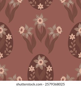 Seamless vector pattern with Easter eggs and folk-style flowers in a modern design. Trendy 2025 colors, perfect for textiles, wallpapers, gift wrapping, packaging, and festive decorations