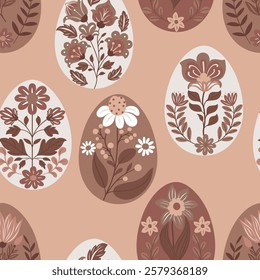 Seamless vector pattern with Easter eggs and folk-style flowers in a modern design. Trendy 2025 colors, perfect for textiles, wallpapers, gift wrapping, packaging, and festive decorations