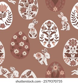 Seamless vector pattern with Easter eggs, bunnies, and folk-style flowers in a modern design. Trendy 2025 colors, perfect for textiles, wallpapers, gift wrapping, packaging, and festive decor