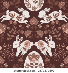 Seamless vector pattern with Easter eggs, bunnies, and folk-style flowers in a modern design. Trendy 2025 colors, perfect for textiles, wallpapers, gift wrapping, packaging, and festive decor