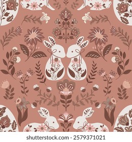 Seamless vector pattern with Easter eggs, bunnies, and folk-style flowers in a modern design. Trendy 2025 colors, perfect for textiles, wallpapers, gift wrapping, packaging, and festive decor