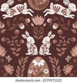 Seamless vector pattern with Easter eggs, bunnies, and folk-style flowers in a modern design. Trendy 2025 colors, perfect for textiles, wallpapers, gift wrapping, packaging, and festive decor