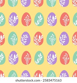 Seamless vector pattern with Easter eggs decorated with plant branches. Spring bright design for textile, fabric, wallpaper, wrapping paper and other surfaces.