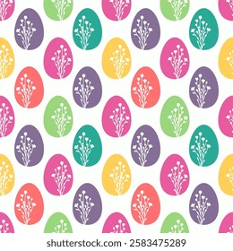 Seamless vector pattern with Easter eggs decorated with plant branches. Spring bright design for textile, fabric, wallpaper, wrapping paper and other surfaces.