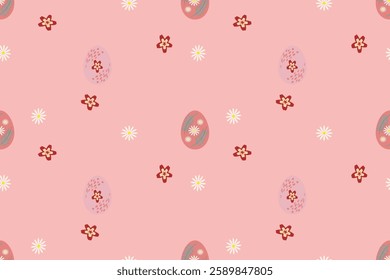 Seamless vector pattern Easter Eggs flowers ornament Endless texture for spring design decoration print fabric textile Isolated pink background Spring time texture Wrapping paper 