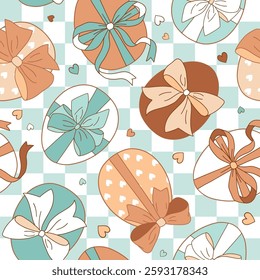 Seamless vector pattern with Easter eggs and bows. Hand drawn retro illustration. Perfect for textile, wallpaper or nursery print design. EPS10 vector file.