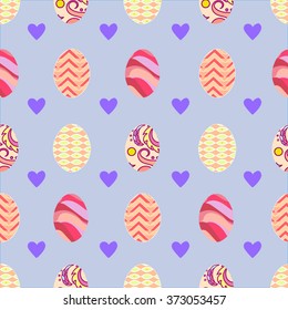 Seamless vector pattern with easter eggs and  violet hearts on blue background