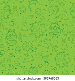 Seamless vector pattern with Easter eggs, bunny, flower on the green background. Hand drawn elements