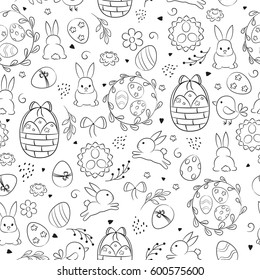Seamless vector pattern with Easter eggs, bunny, flower on the white background. Hand drawn elements