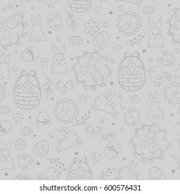 Seamless vector pattern with Easter eggs, bunny, flower on the grey background. Hand drawn elements