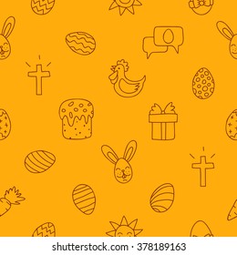 Seamless vector pattern of Easter icons on a yellow background.