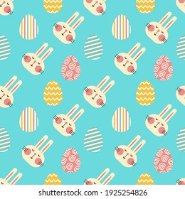 Seamless vector pattern with easter illustration. Cute bunny and decorated colored eggs and flowers.  Kids spring wrapping paper.