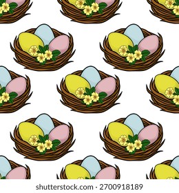 Padrão de vetor sem costura de ninhos de Páscoa preenchidos com ovos de cor pastel e delicadas primatas amarelas, evocando uma celebração alegre da primavera.