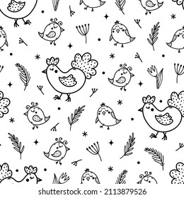 Seamless vector pattern with Easter symbols. Hand drawn illustration on white backdrop. Mother hen walks with chickens in a field with flowers. Template for decoration, card design, wrapping, web