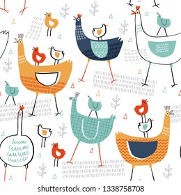 Seamless vector pattern with Easter theme design. Hand Drawn card for Easter, egg hunt, party invitations, scrapbook. Vector illustration in bright colors: blue, yellow and red.