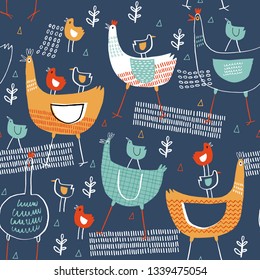 Seamless vector pattern with Easter theme design. Hand Drawn card for Easter, egg hunt, party invitations, scrapbook. Vector illustration in bright colors: blue, yellow and red.