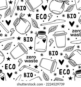 Seamless vector pattern eco friendly tableware. Sustainable home goods - glass jar, wooden cutlery, reusable drink mugs, cocktail straws. Zero waste, no plastic. Background for wallpapers, prints, web