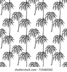 Seamless vector pattern eco realistic black silhouettes of tropical palm trees, on a white background, hand drawn sketch