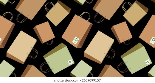 seamless vector pattern with eco shopping bags on black background, reusable paper bag illustration for sales, zero waste lifestyle and sustainable packaging design