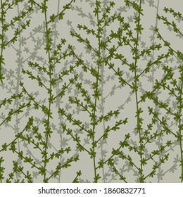 Seamless vector pattern in ecological style with meadow herbs twigs. Good print for wallpaper, textile, wrapping paper, ceramic tiles, packaging design.