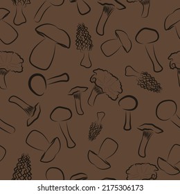 Seamless vector pattern with edible mushrooms. Hand drawn doodles in dark brown. Botanical print on fabric fabric, wrapping paper, banner, menu design. Collection of mushrooms.