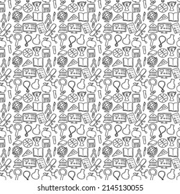 Seamless vector pattern with education icons. Doodle vector with education and school icons on white background. Vintage education pattern