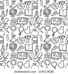 Seamless vector pattern with education icons. Doodle vector with education and school icons on white background. Vintage education pattern