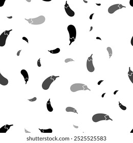 Nahtloses Vektormuster mit Auberginensymbolen, das einen kreativen monochromen Hintergrund mit gedrehten Elementen erzeugt. Vektorgrafik auf weißem Hintergrund