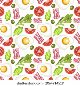 Seamless vector pattern of eggs, bacon, tomato and lettuce. Breakfast background.