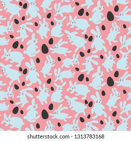 Seamless vector pattern with eggs and rabbits on pink background. Hares jump all around and collect Easter eggs. Kawaii pattern for little kids, gifts, interior and easter goods. Hello Easter day