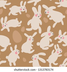 Seamless vector pattern with eggs and rabbits on brown background. Hares jump all around and collect Easter eggs. Kawaii pattern for little kids, gifts, interior and easter goods. Hello Easter day