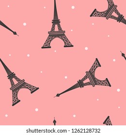 Seamless vector pattern of Eiffel Tower  silhouette on pink background