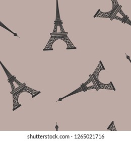 Seamless vector pattern of Eiffel Tower  silhouette on coffee-colored background