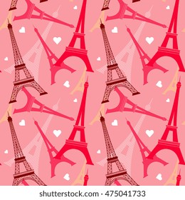 Seamless vector pattern with eiffel tower. Romantic background with white hearts illustation