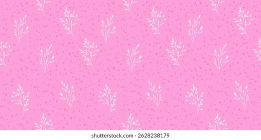 Seamless vector pattern with elegant  botanical branches and tiny floral accents on a soft pink background. Perfect for textiles, wallpapers, gift wrap, stationery, branding, summer decor