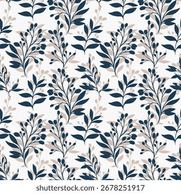 Seamless vector pattern with elegant botanical branches, dark navy leaves and beige accents on a light background. Designs for fabric, wallpaper, packaging, and stationery