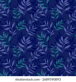 Seamless vector pattern with elegant botanical leaves in shades of blue and green on a dark navy background. Modern design for textiles, wallpaper, wrapping, and 
